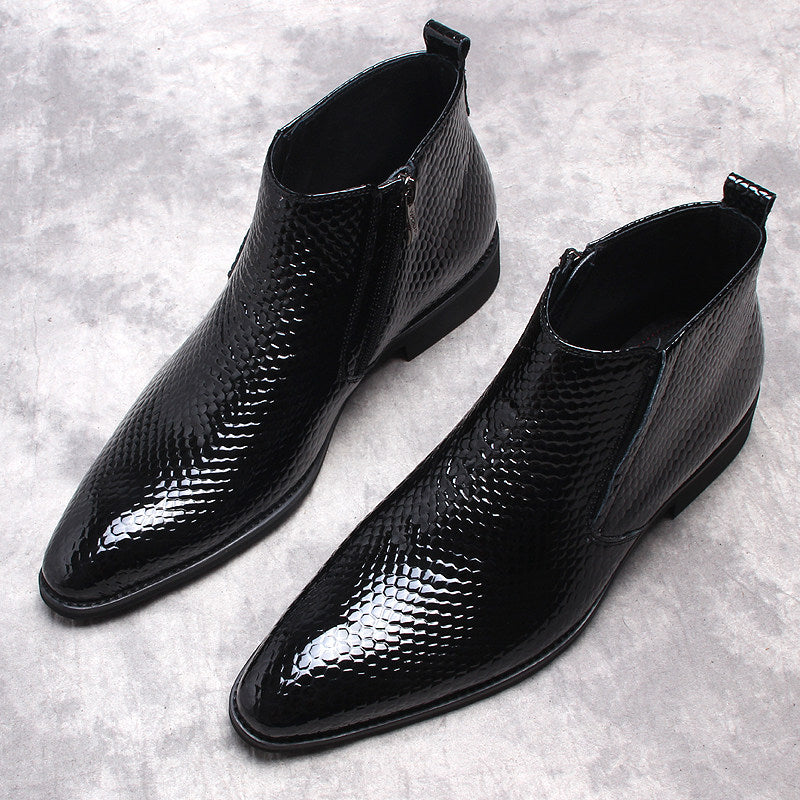 Men's black textured leather ankle boots with side zip, thick sole, pair view