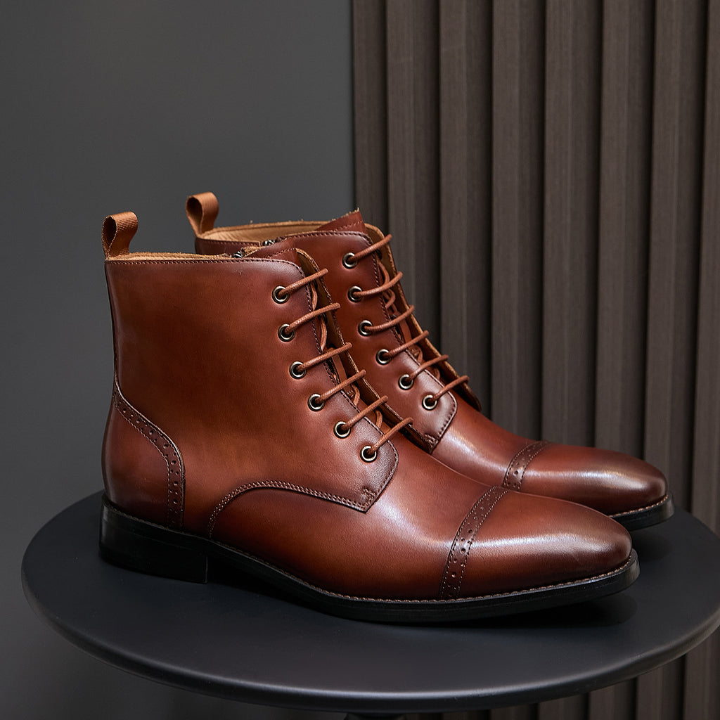 Men's pointed-cap-toe leather dress boots, cognac-brown, lace-up ankle boots