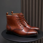 Men's pointed-cap-toe leather dress boots, cognac-brown, lace-up ankle boots