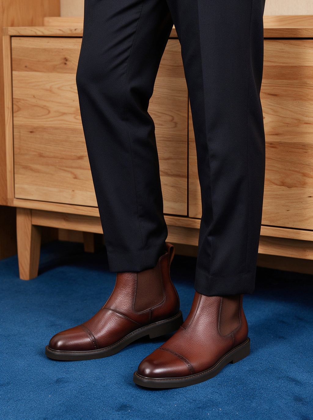 Brown pointed-toe Chelsea dress boots on model, side elastic panels and leather-look finish