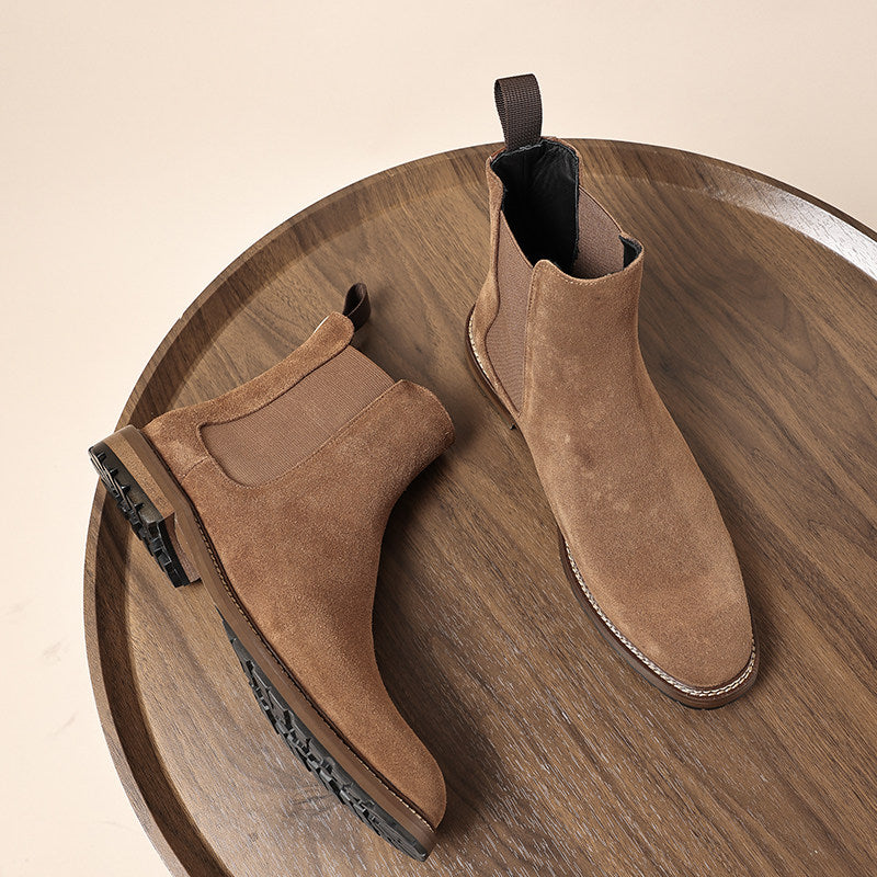 Tan and light-brown suede Chelsea dress boots with elastic gore and stitched sole