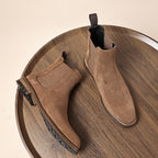 Tan and light-brown suede Chelsea dress boots with elastic gore and stitched sole