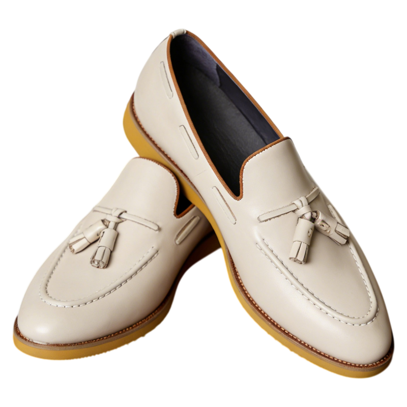 Men's Beige Elastic-Gore Leather Tassel Dress Loafers