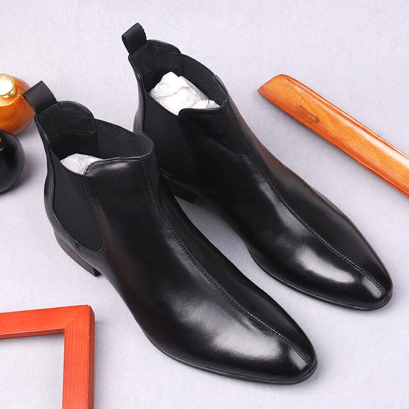 Men's black genuine leather chelsea dress boots, slip-on with elastic side gore
