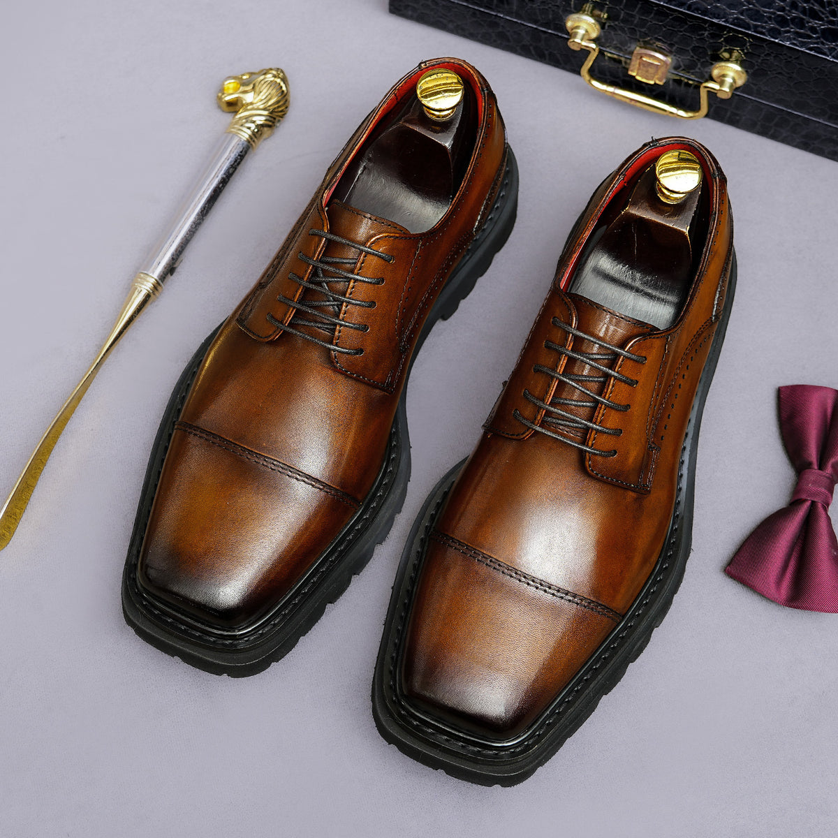 Men's Chunky Lug Sole Cap Toe Square Chisel Leather Derbies