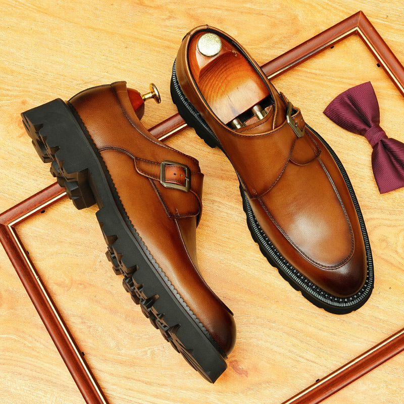 Men's Smooth Pointed Toe Single Monk Strap Leather Formal Shoes