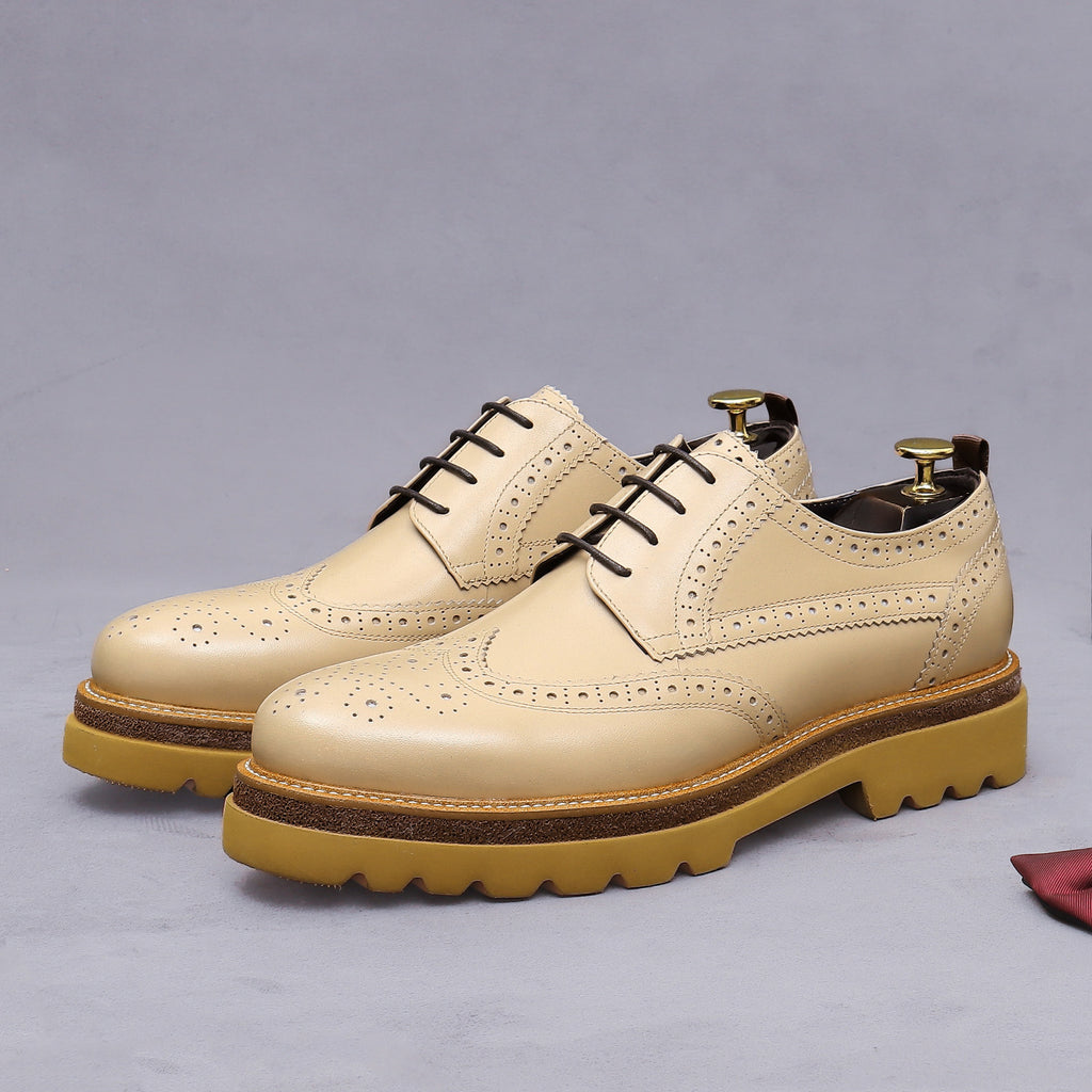 Men's leather derby dress shoes, cream with perforated toe and chunky tread sole