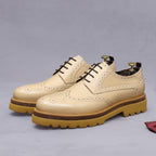 Men's leather derby dress shoes, cream with perforated toe and chunky tread sole