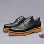 Men's pointed-toe leather derby shoes, black leather with thick gum-style outsole