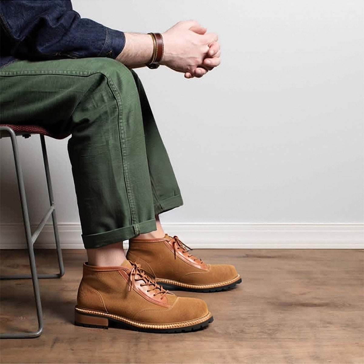 Men's Suede Leather-Trim Lug Sole Lace-Up Ankle Boots