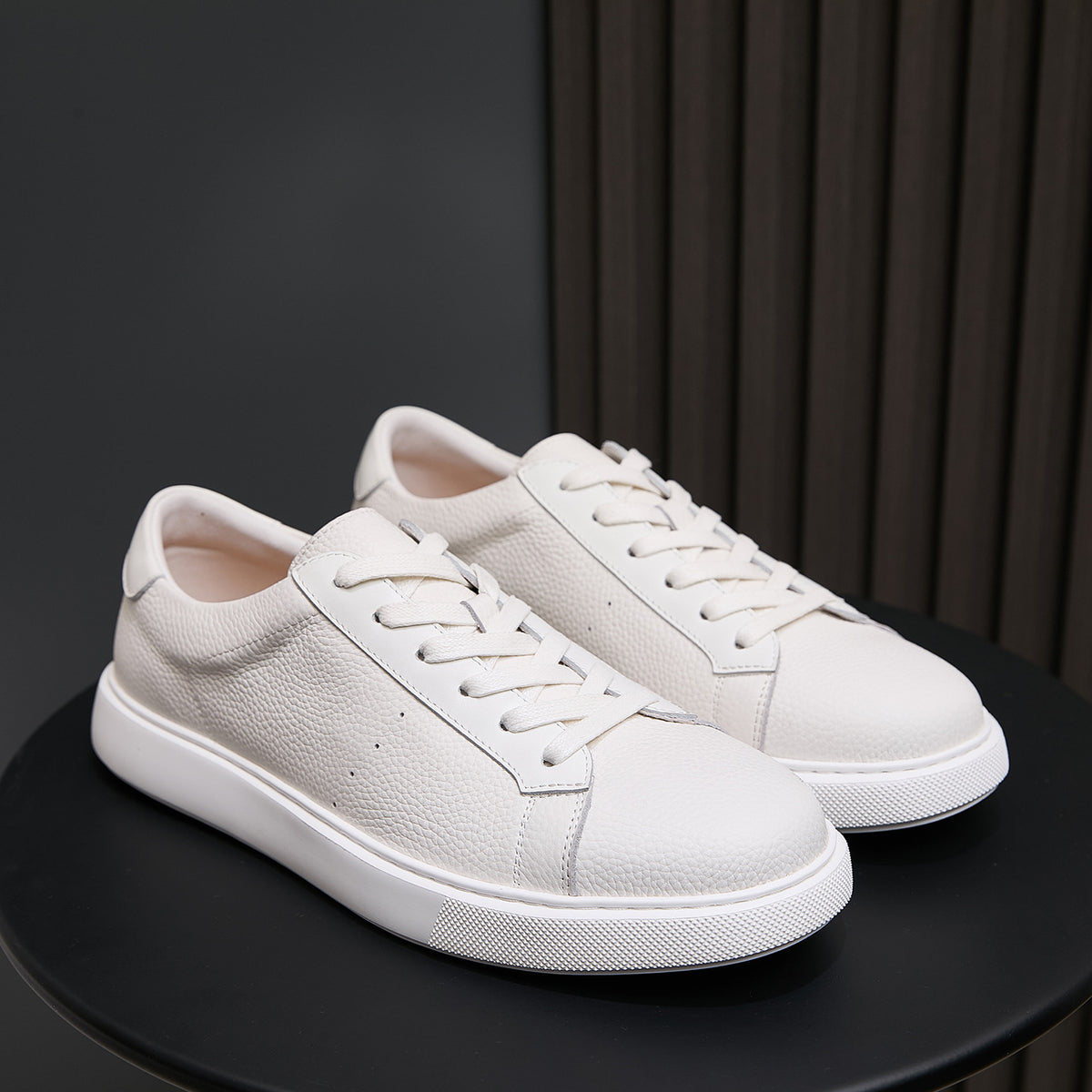 Men's genuine leather sneakers, white low-top lace-up with textured rubber sole