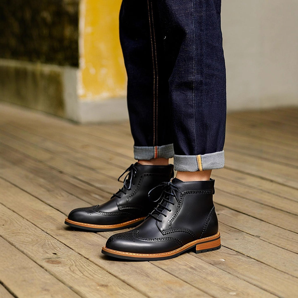 Men's Leather Wingtip Brogue Back-Zip Ankle Dress Boots
