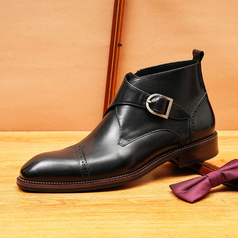 Men's Cap Toe Buckle Leather Side-Zip Dress Boots
