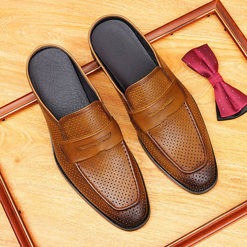 Men's Perforated Pointed Toe Leather Mule Loafers