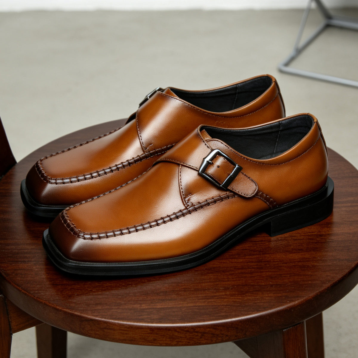 Men's Angular Square Toe Single Monk Strap Leather Shoes
