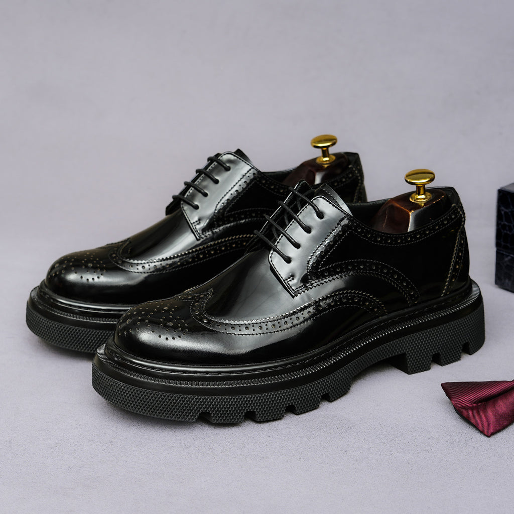 Men's leather derby shoes, glossy black and silver panels with pointed toe and lace-up.