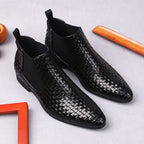 Men's black leather side-zip formal dress boots, thick sole, woven texture