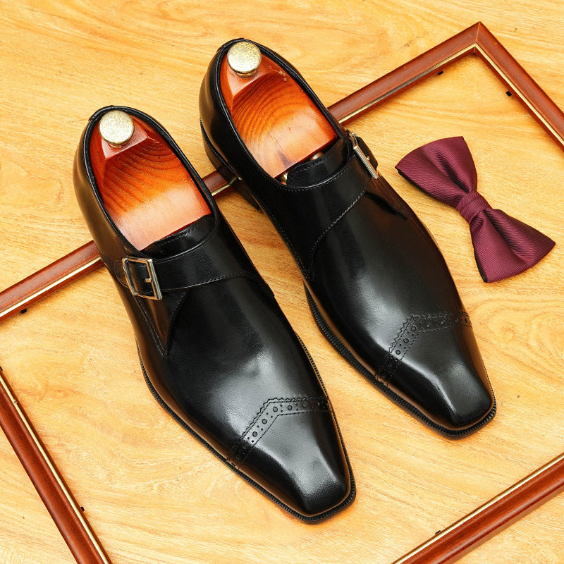 Men's Black Dark Brown Pointed Toe Single Monk Leather Shoes