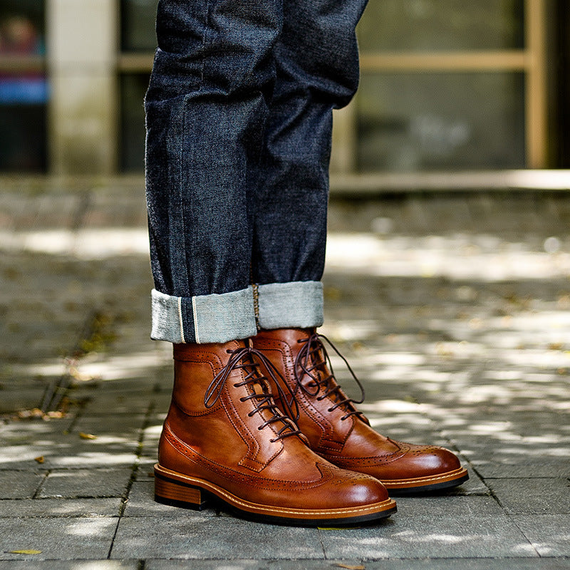 Wingtip Brogue Leather Lug Sole Boots for Men
