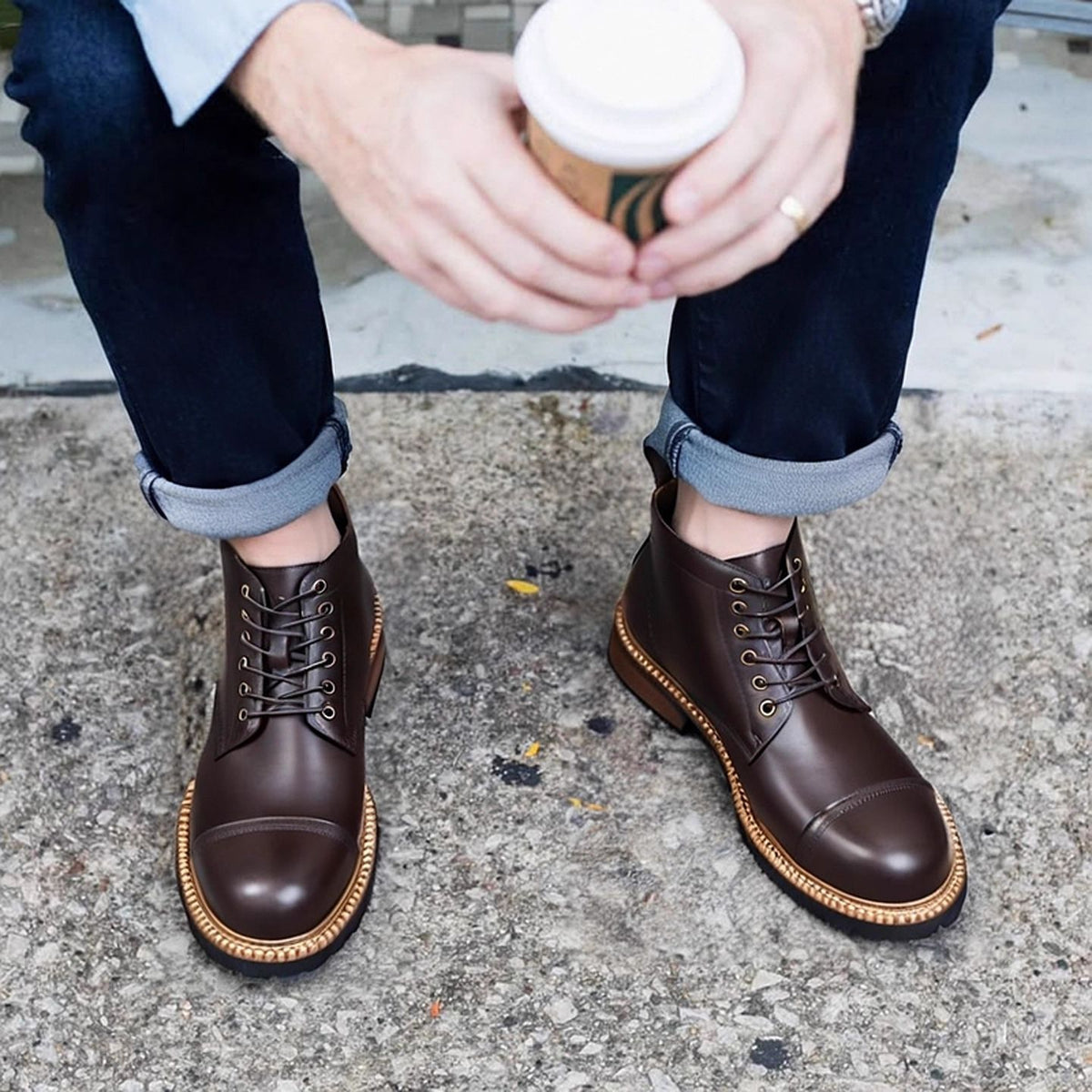 Cap Toe Leather Contrast-Welt Lace-Up Boots for Men
