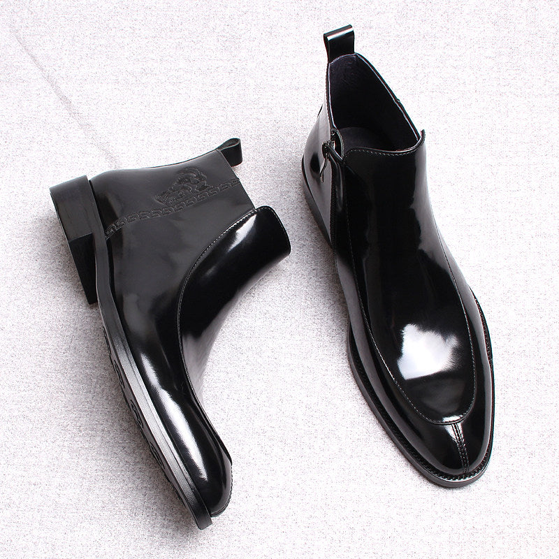 Men's thick-sole leather side-zip boots, black, pair view showing sides