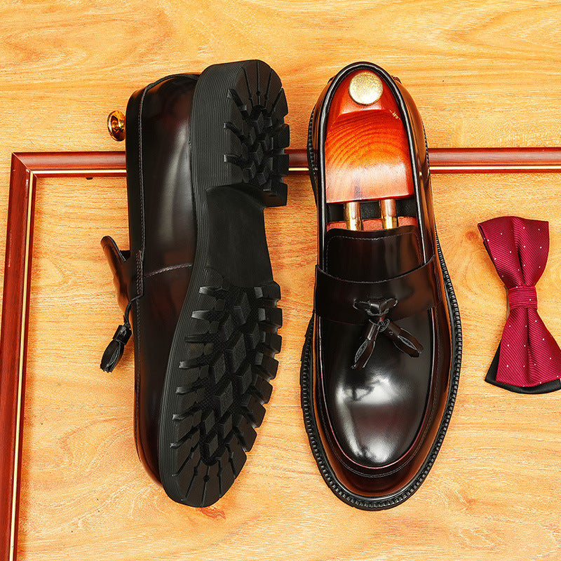 Men's Glossy Round Toe Chunky Sole Tassel Loafers
