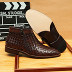 Men's Woven Pointed Toe Leather Zip Dress Boots