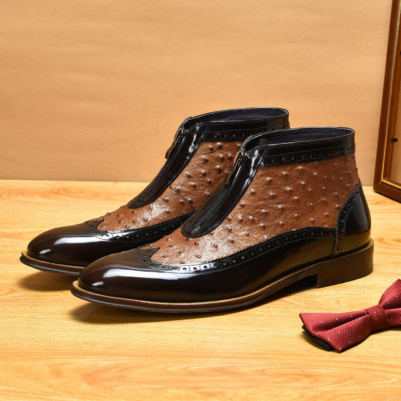 Men's Pointed Toe Ostrich Embossed Leather Zip Boots