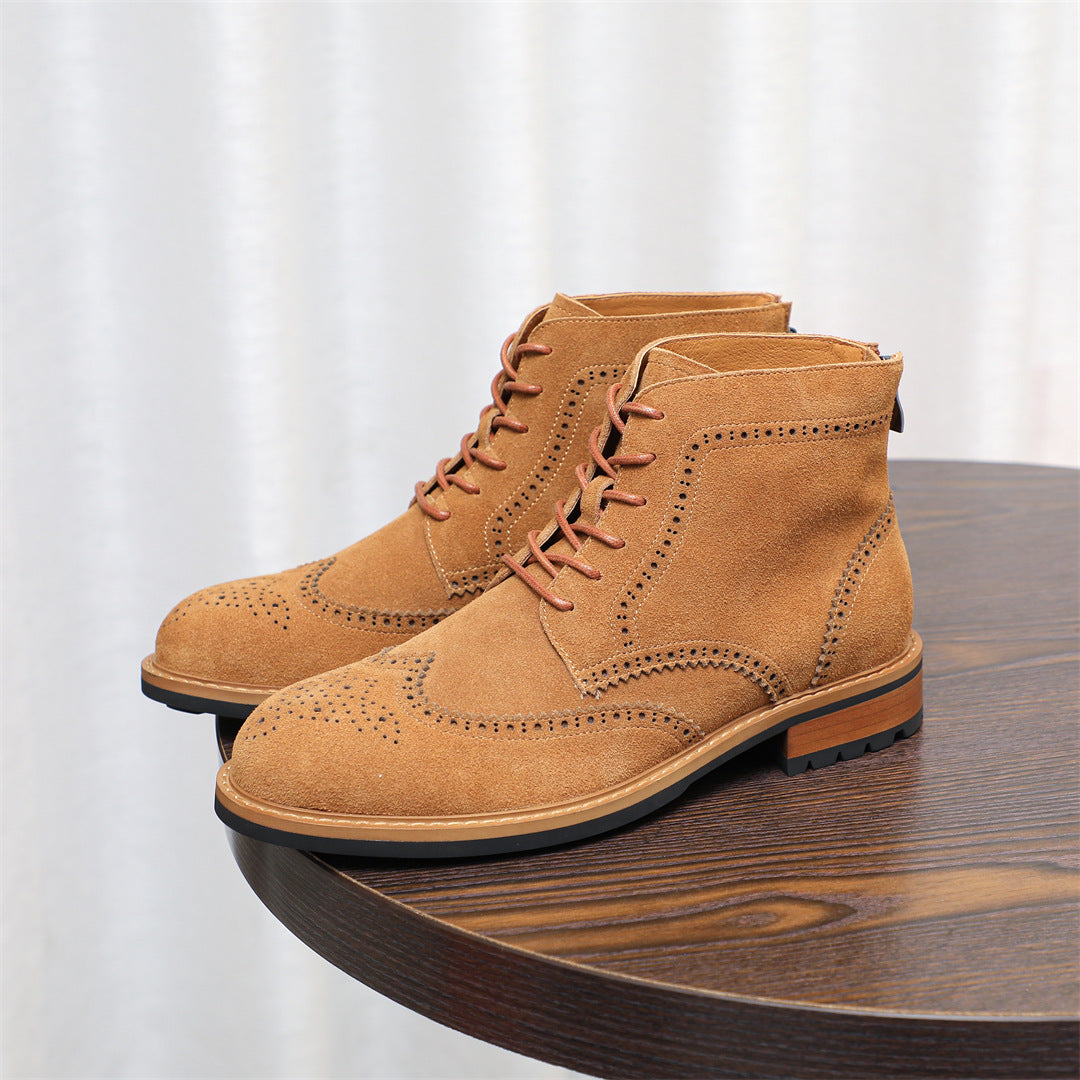 Wingtip Brogue Suede Back-Zip Lace-Up Boots for Men