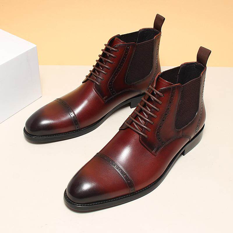 Dark red-brown leather lace-up Chelsea dress boots with elastic side panels