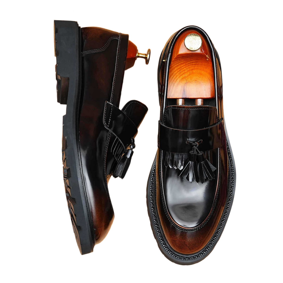 Men's Glossy Round Toe Tassel Leather Loafers