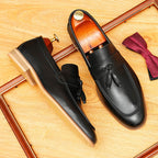 Men's Black Gray Pointed Toe Tassel Leather Loafers