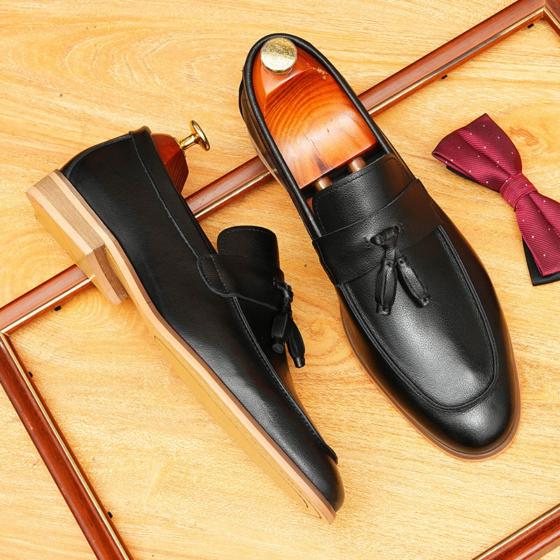 Men's Black Gray Pointed Toe Tassel Leather Loafers