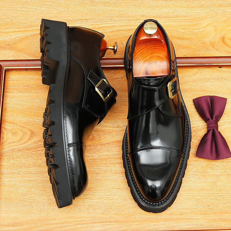 Men's Stitched Cap Toe Pointed Single Monk Strap Leather Shoes