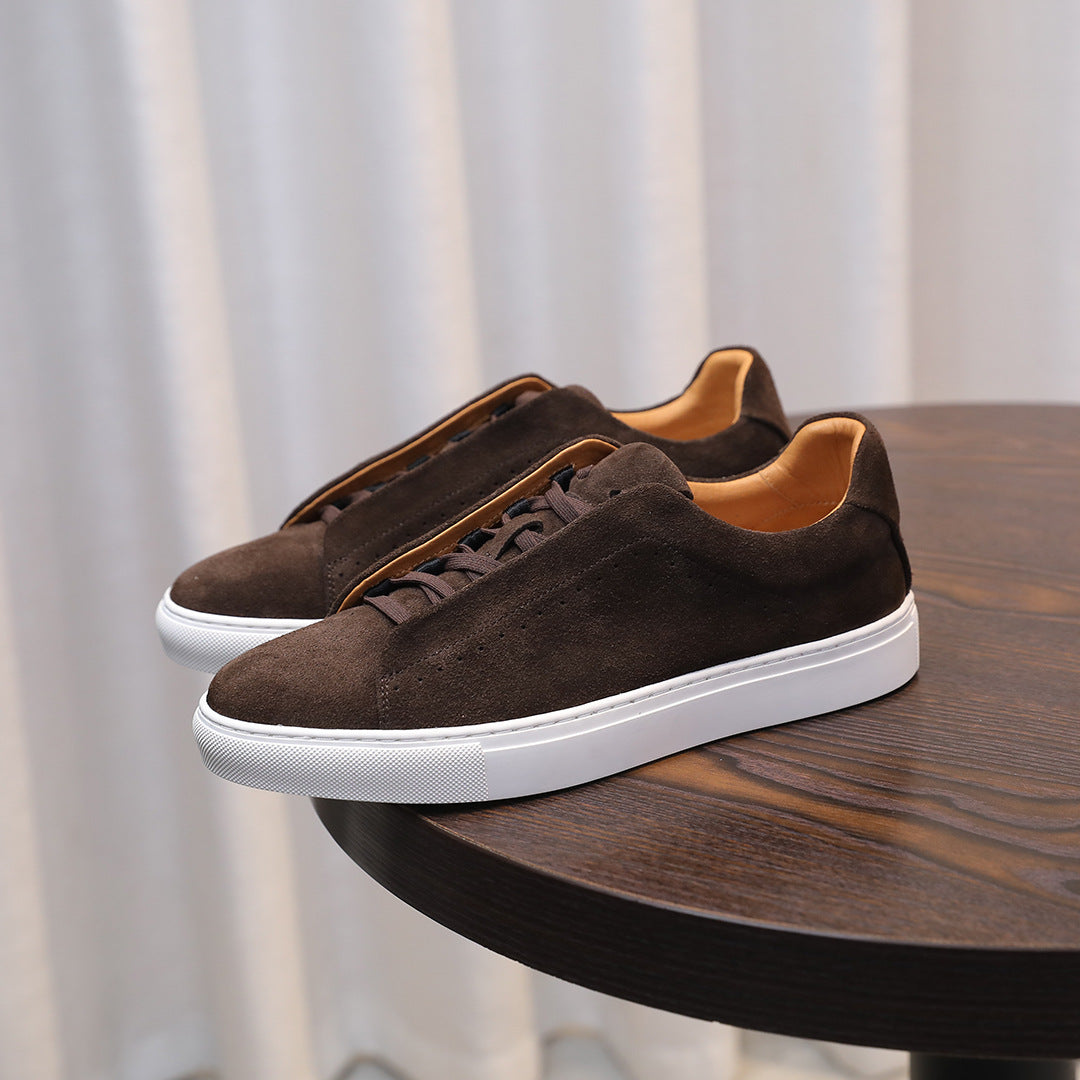 Men's suede leather lace-up sneakers with white rubber sole, brown with tan lining