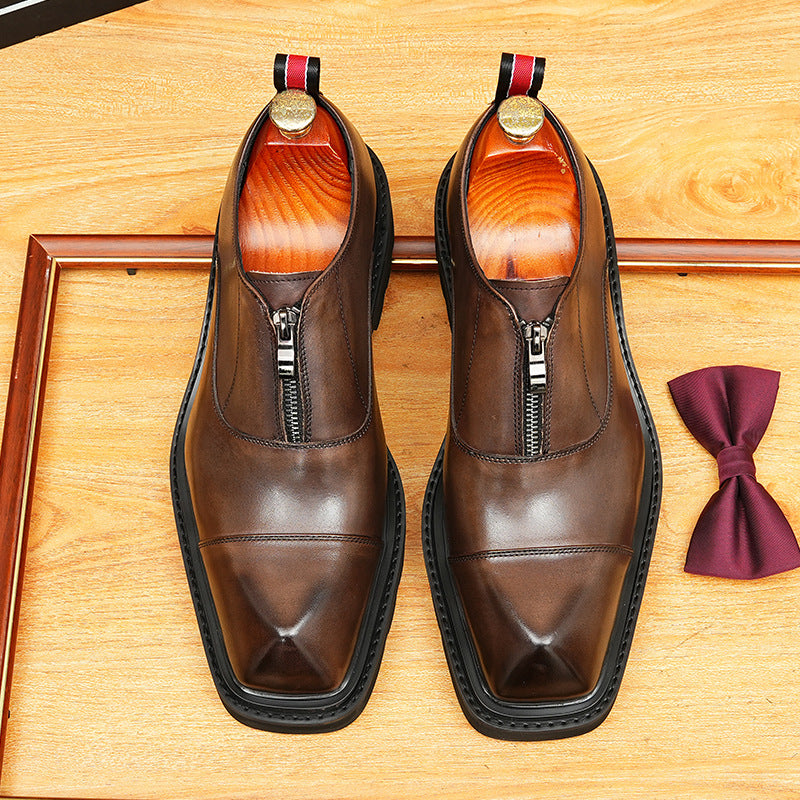 Men's Square Toe Zipper Chunky Sole Leather Loafers