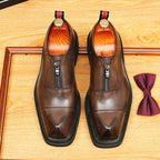 Men's Square Toe Zipper Chunky Sole Leather Loafers