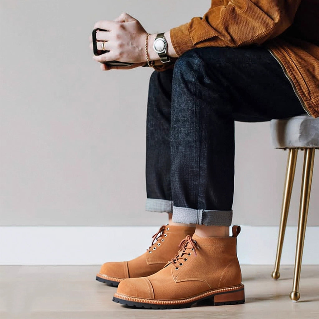 Men's tan suede chukka boots with lace-up closure and thick rubber sole