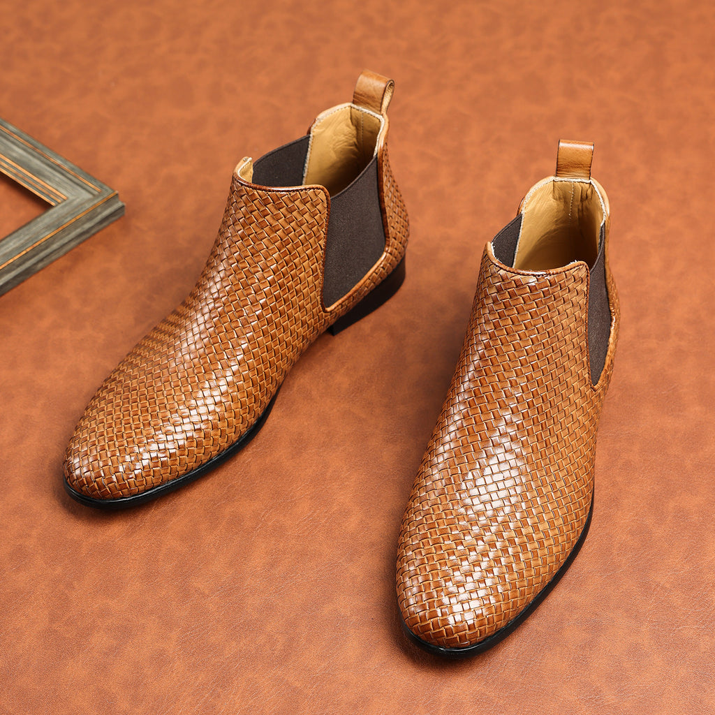 Brown woven leather chelsea dress boots with side elastic gusset and pull tabs