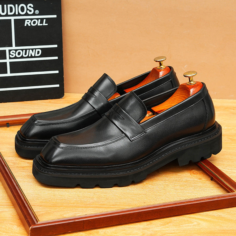 Men's Square Toe Penny Strap Chunky Sole Leather Loafers