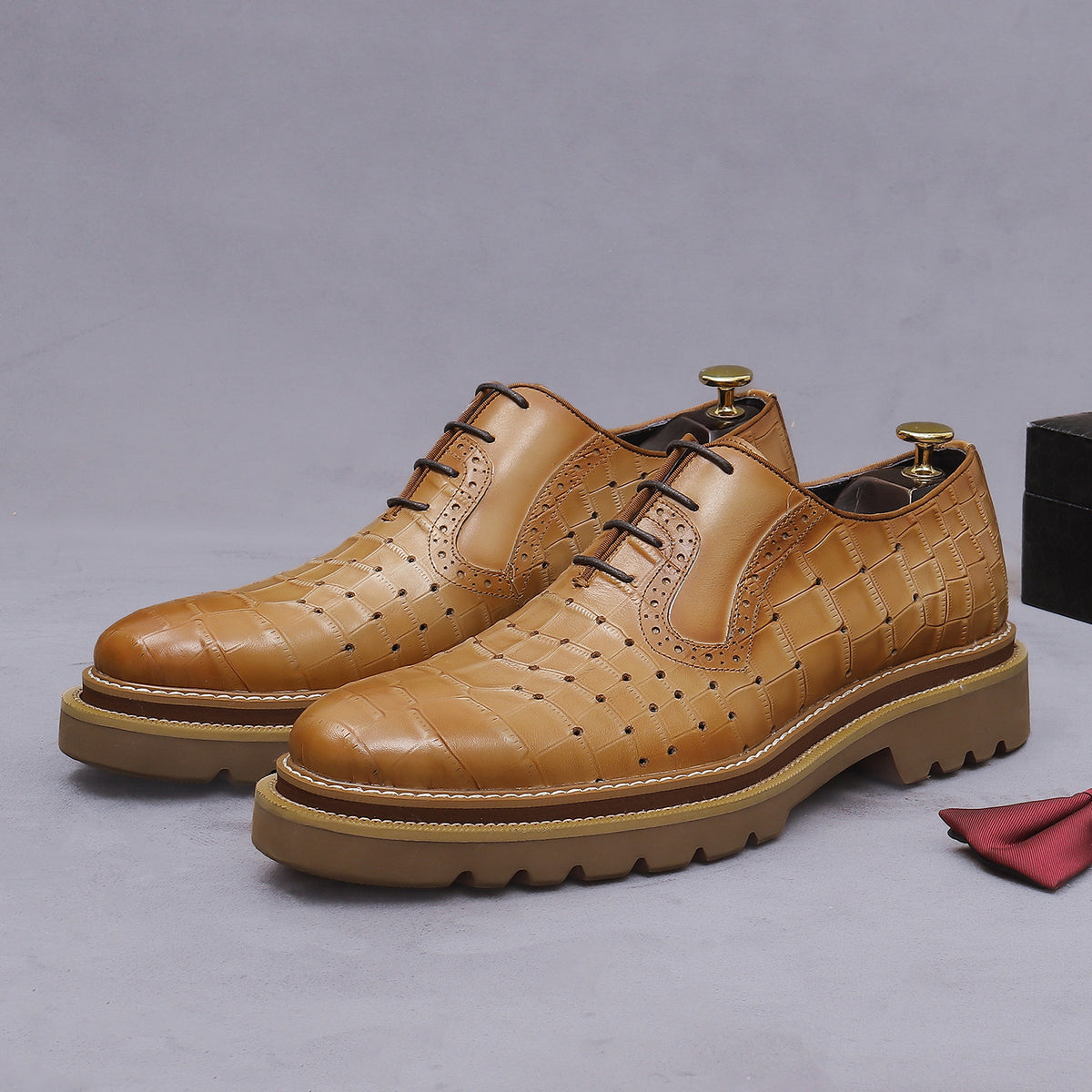 Men's Croc Embossed Leather Chunky Lug Sole Perforated Oxfords