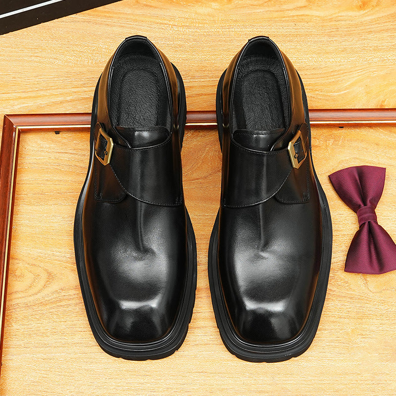 Men's Smooth Square Toe Single Monk Strap Leather Shoes