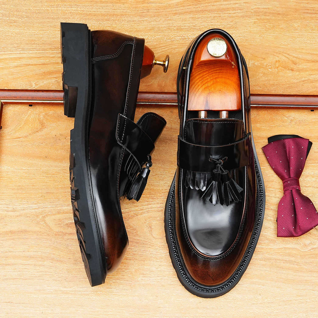 Men's Glossy Round Toe Tassel Leather Loafers