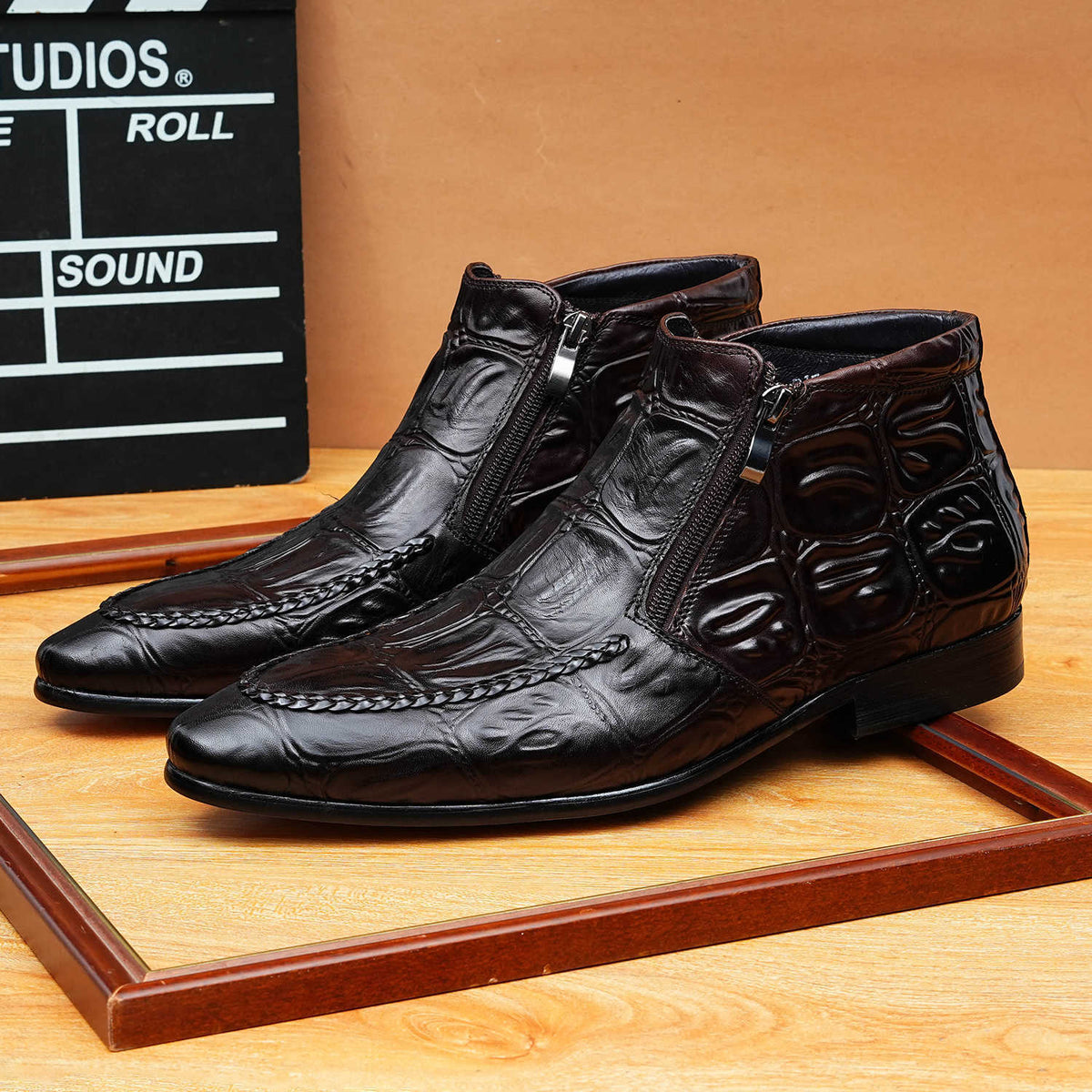 Men's Pointed Toe Croc Embossed Double-Zip Dress Boots