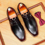Men's Black Brown Pointed Toe Single Monk Strap Leather Shoes