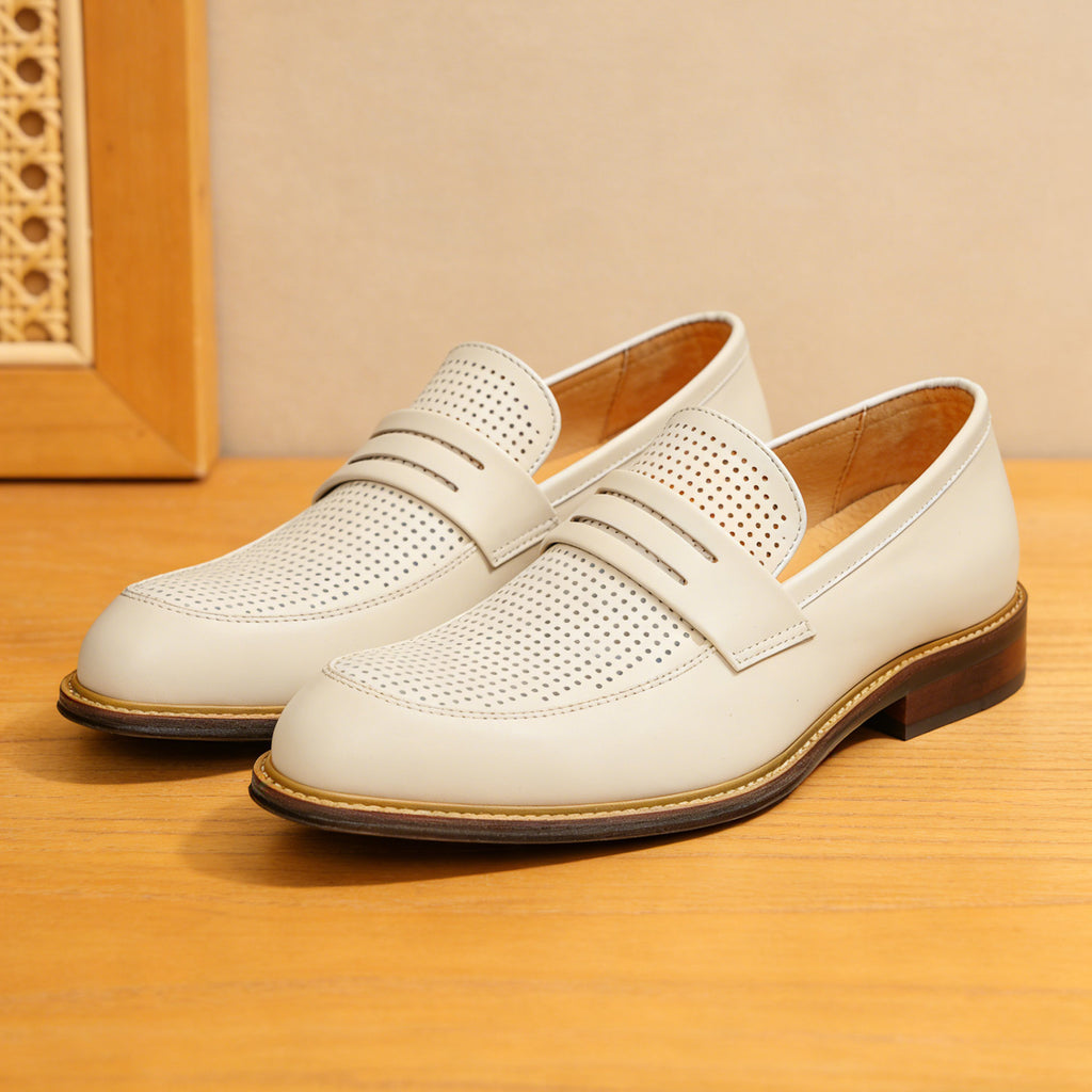 Men's Dot-Pattern Pointed Toe Leather Dress Loafers
