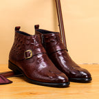 Men's Pointed Toe Croc Embossed Leather Side-Zip Boots