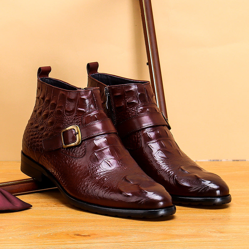 Men's Pointed Toe Croc Embossed Leather Side-Zip Boots