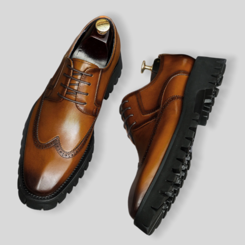 Men's Patina Leather Chunky Lug Sole Wingtip Derby Shoes