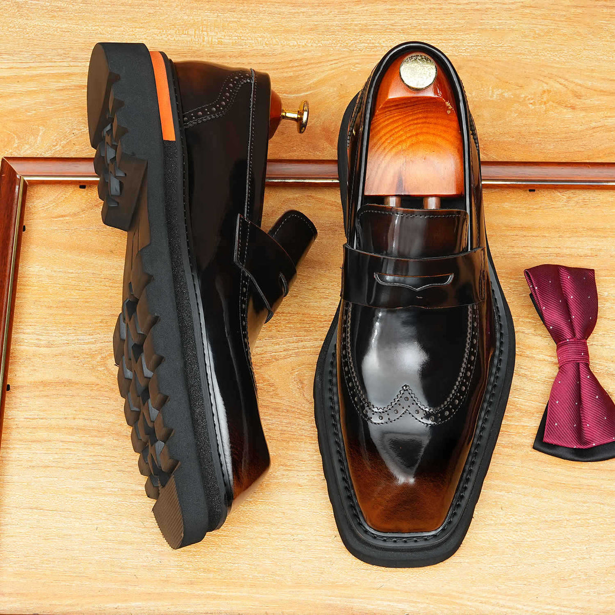 Men's Platform Brogue Leather Slip-On Dress Loafers